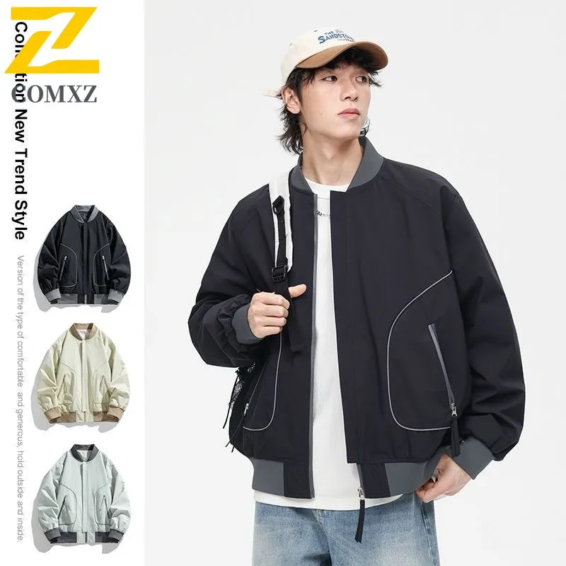 

COMXZ Men Trendy Jacket Korean Style Casual Autumn Trendy Solid Color Baseball Lightweight Coat Minimalist Streetwear Outerwear