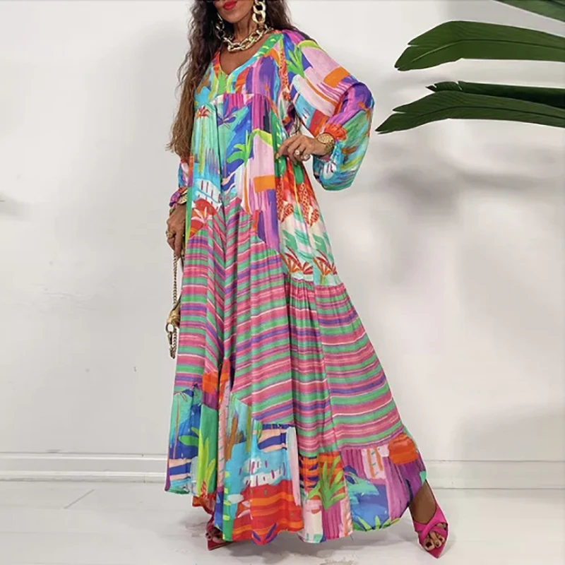 Mode Retro Lose Boho Print Maxi Kleid Casual V-ausschnitt Langarm Herbst Strand Kleid 2022 Harajuku Muster Damen Party Kleid