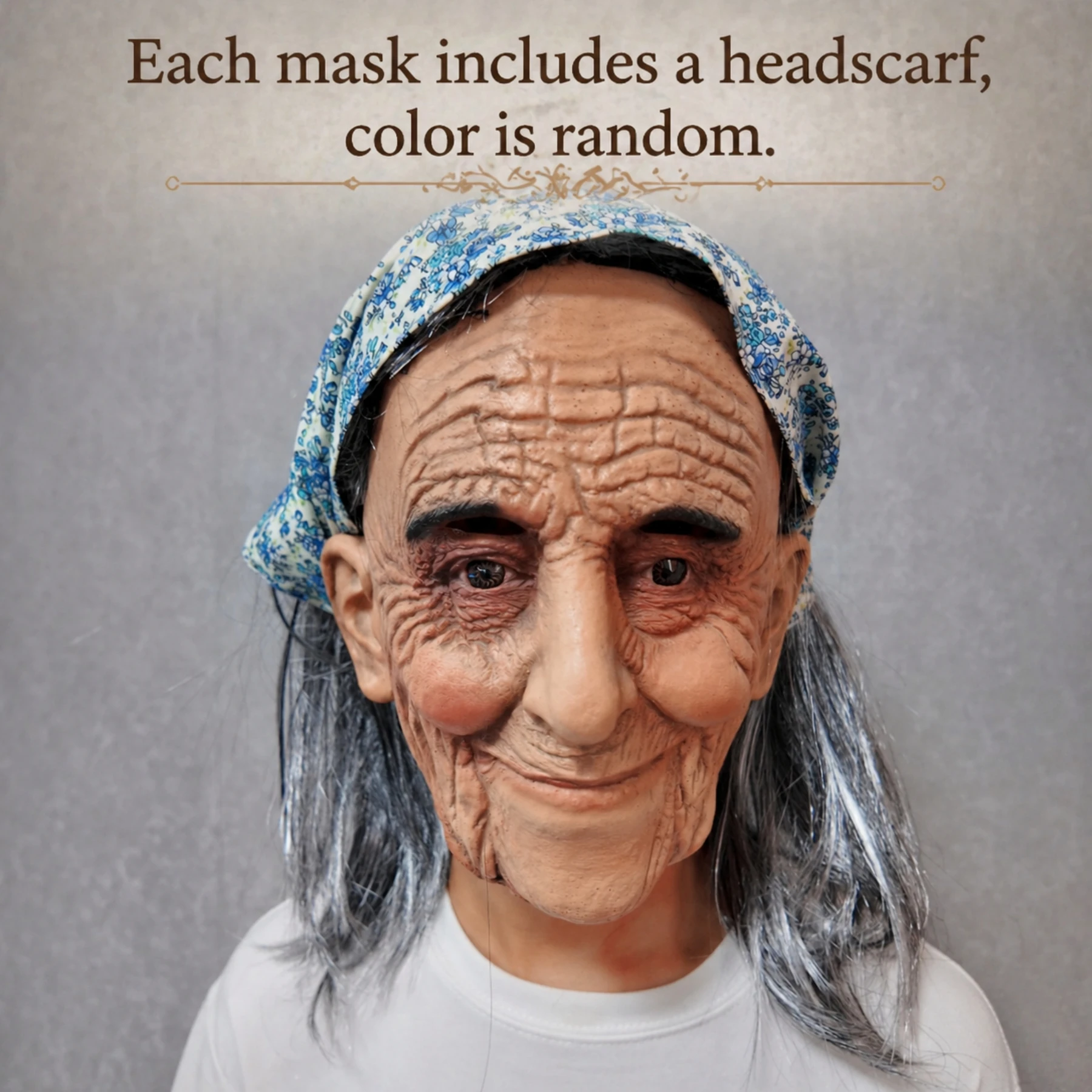 

Adult Granny Latex Mask Full Head Old Woman Wrinkled Face Mask with Grey Hair Wig Headscarf Halloween Cosplay Costume Party Prop