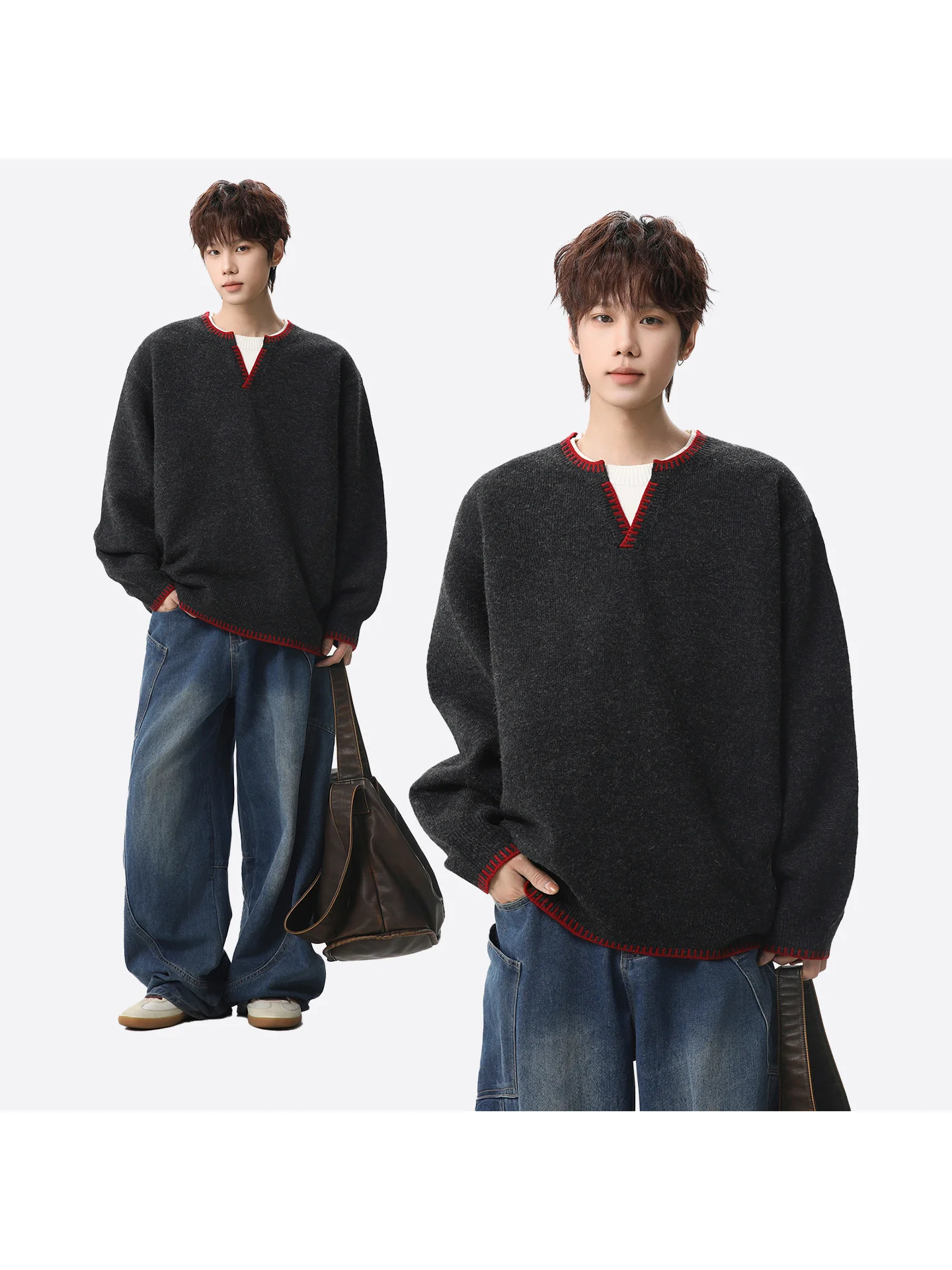 

Мужской свитер с V-образным вырезом в американском стиле, весенний, в стиле High Street, с цветными блоками, повседневный вязаный топ, модная ленивая одежда для дома