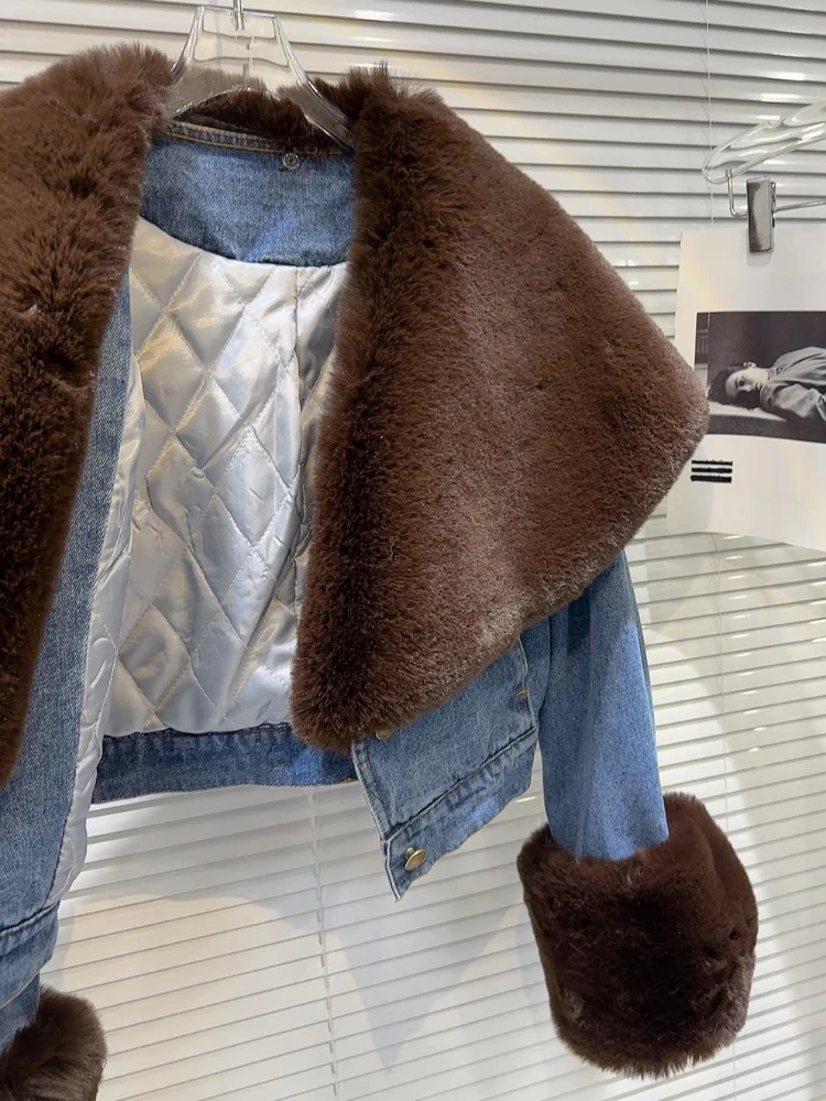 خمر أنيقة فو الفراء طوق قصيرة الدنيم سترة المرأة سليم صالح شتاء دافئ معطف مبطّن كول الشارع الشهير Y2K موضة ملابس خارجية