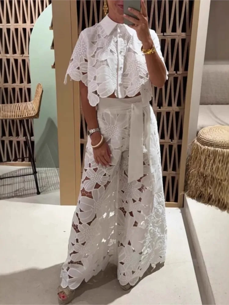 

Elegant Lapel Single-breasted Short Top + Wide-leg Pants 2-piece Set For Women Fashionable Sexy Hollow Lace Loose Suit Female