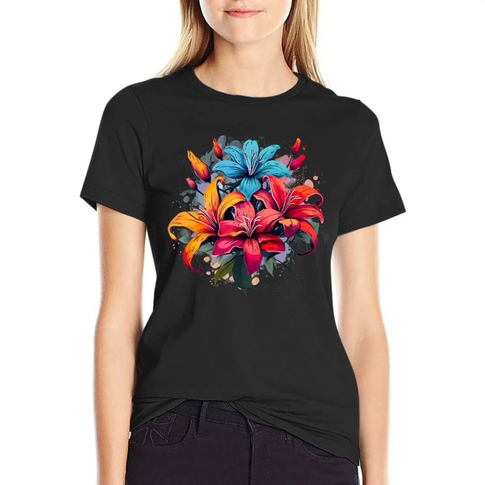 Colorfull lilies flowers bouquet T-Shirt sublime animal print shirt for girls blacks Aesthetic clothing t shirt Women