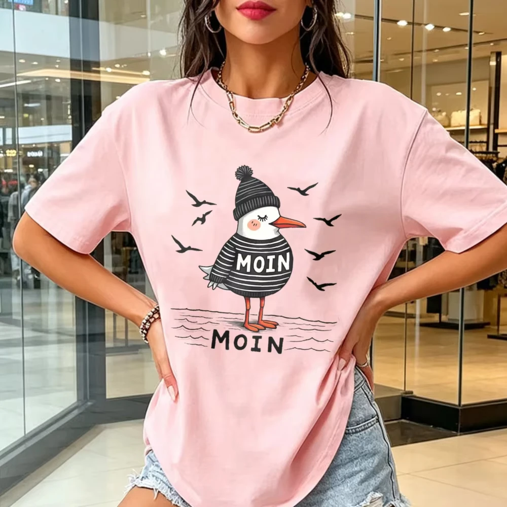Moin Knitted Seagull Cartoon Cotton Women T-shirt Nordic Coastal Kawaii Bird Graphic Short Sleeve Tops North German Vacation Tee