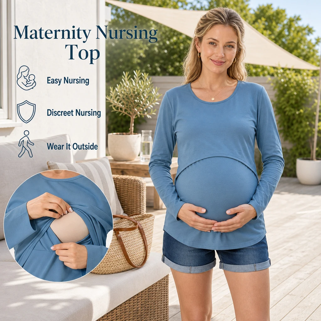 Long Sleeve Maternity Nursing Top Cotton Lift Up Layer Breastfeeding T-shirt Round Neck Pregnancy Postpartum Tee for Women