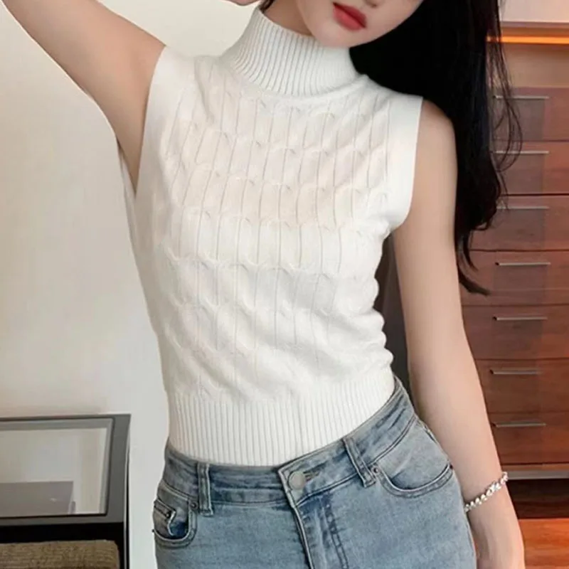 

Новые черные вязаные свитера с воротником-стойкой для женщин, пуловеры без рукавов, вязаные топы, женские свитера Q3060