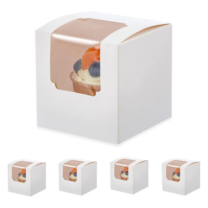 B62B-100Pcs White Cupcake Box Individual With Insert, Small Single Favor Pastry Treat Boxes With Clear Window