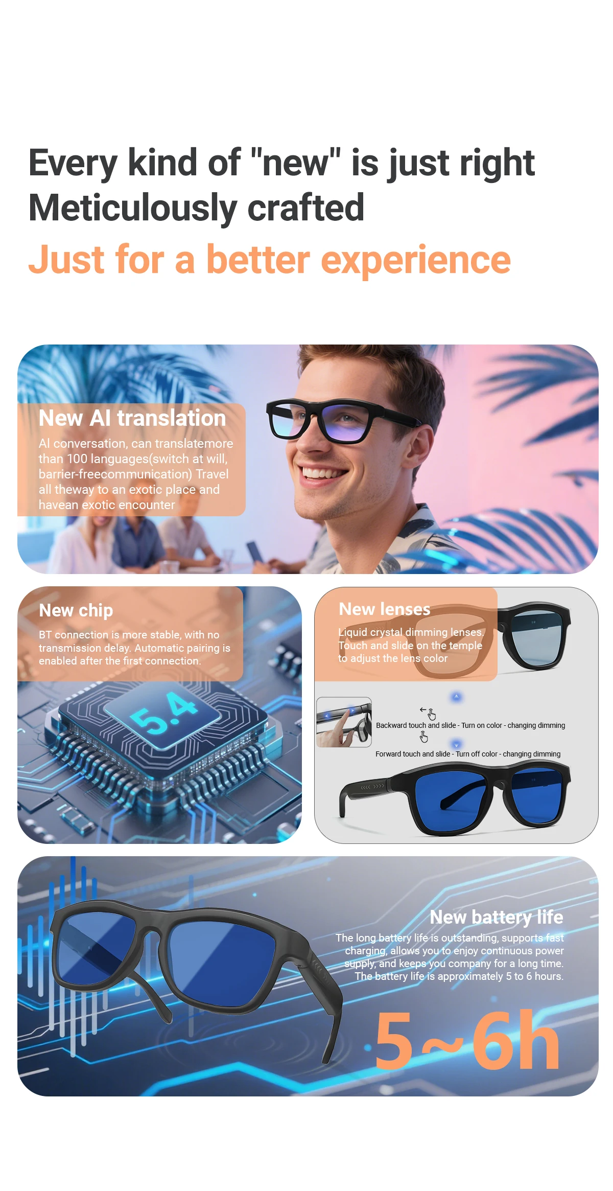 Touch-Control Farbwechselnde Sonnenbrille für Männer und Frauen Elektrochrome KI-Intelligente Übersetzungs- und Anruffunktion Musikplayer Bluetooth – Detail 3