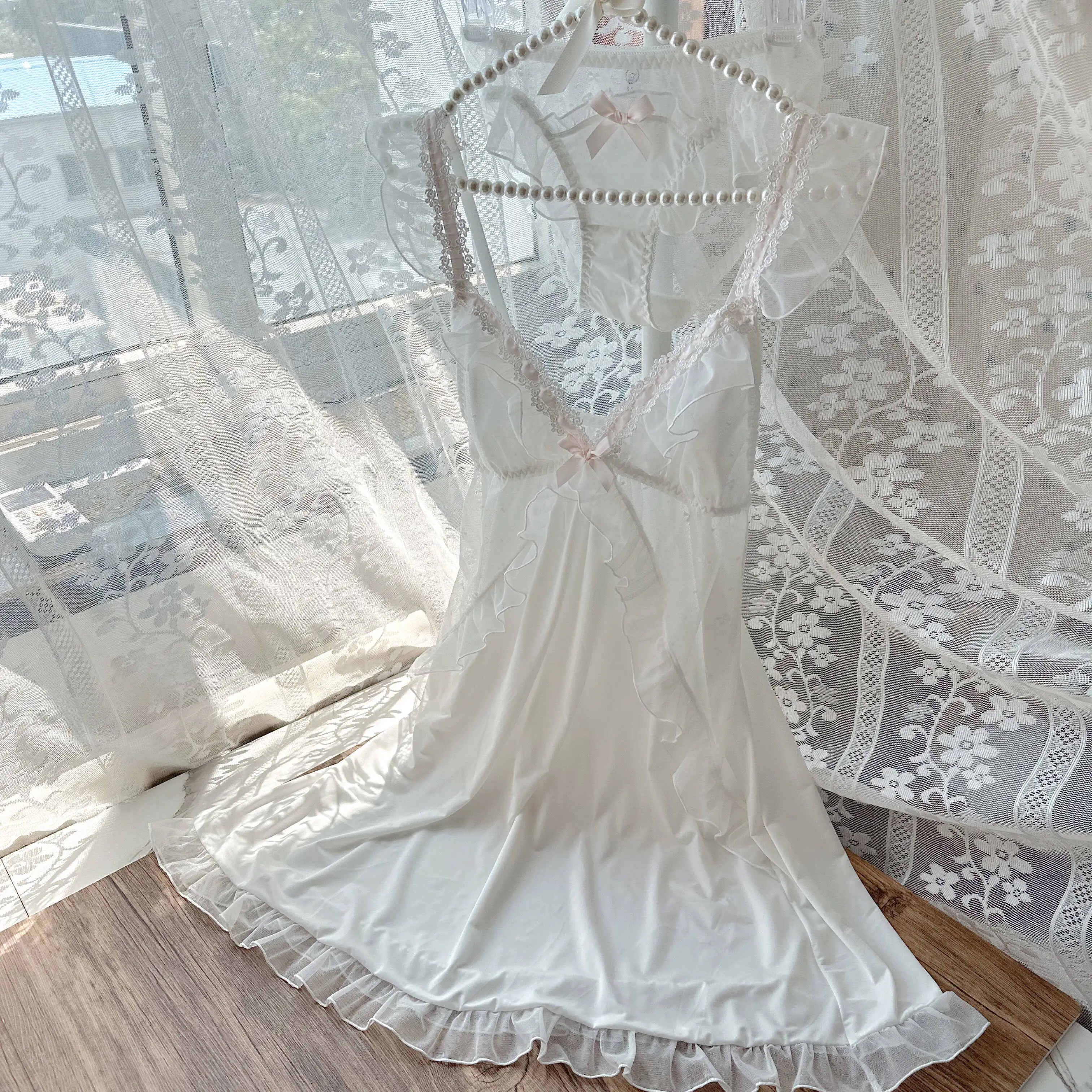 

Japanese Style GP Princess Sweet Lace Patchwork Nightdress for Women, New 2025 Summer Ice Silk Loungewear Nightgown