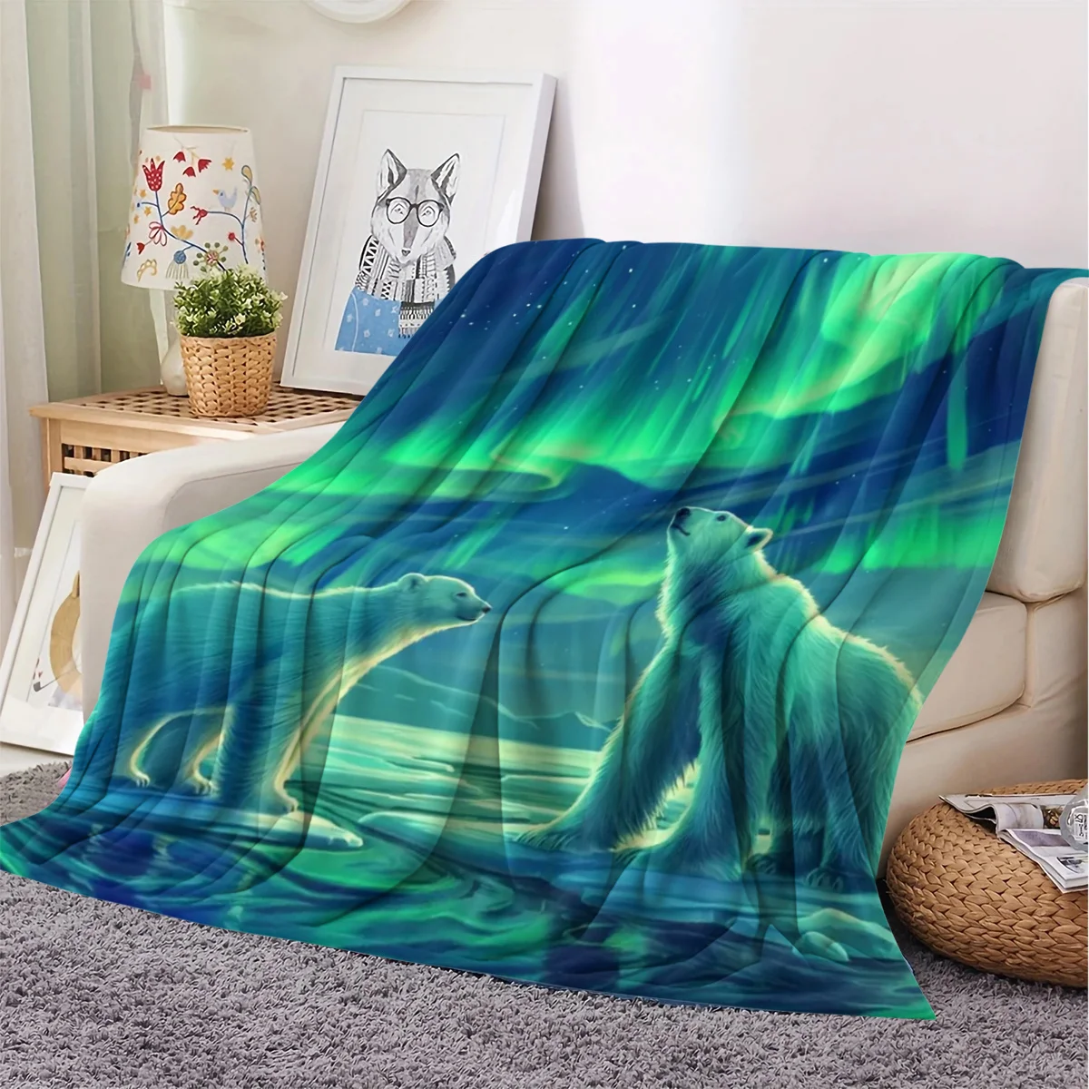 Polar Bear Under the Aurora Printed Flannel Blanket, Air Conditioning Blanket for Dormitory and Office Naps, Flannel Blanket Gif