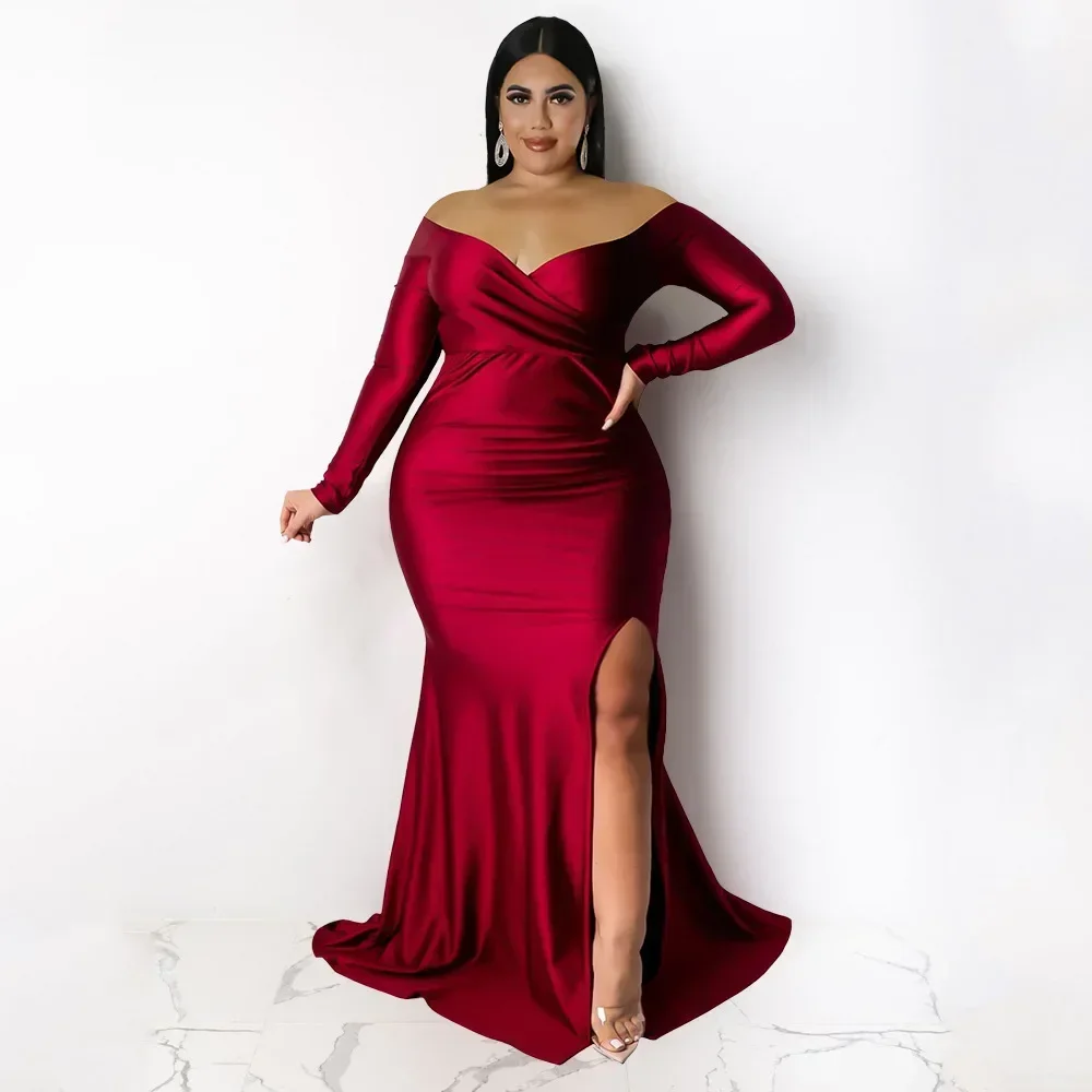 

GUWU Off Shoulder Sexy Plus Size Mermaid Maxi Dresses for Women Evening Party Wedding Dinner Dress Side Split Bodycon Long Dress