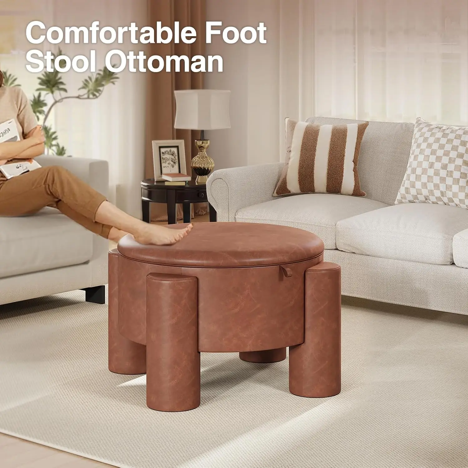 24 Inch Small Round Storage Ottoman Faux Leather Living Room Bedroom Entryway, Customized