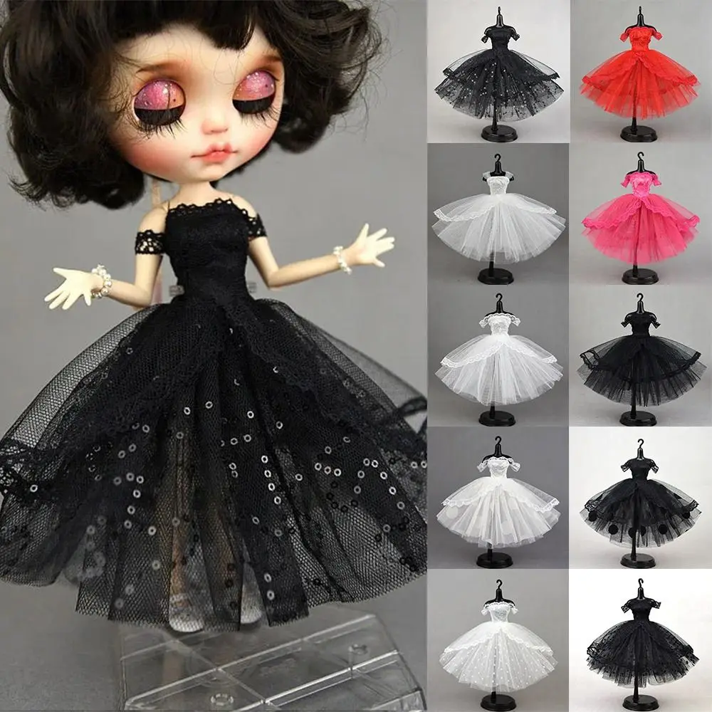 Mini schwarzes Prinzessinnen-Puppenkleid, mehrschichtiges Spitzen-Tutu, gepunktetes Puppenkleid für Blythe-Puppen, Partykleid für BJD, Blythe-Puppenkleidung