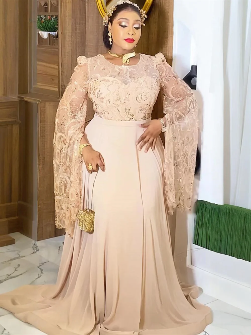 Plus Size African Wedding Party Dresses for Women Dashiki Sequin Long Sleeve Evening Gown Elegant Turkey Muslim Maxi Dress