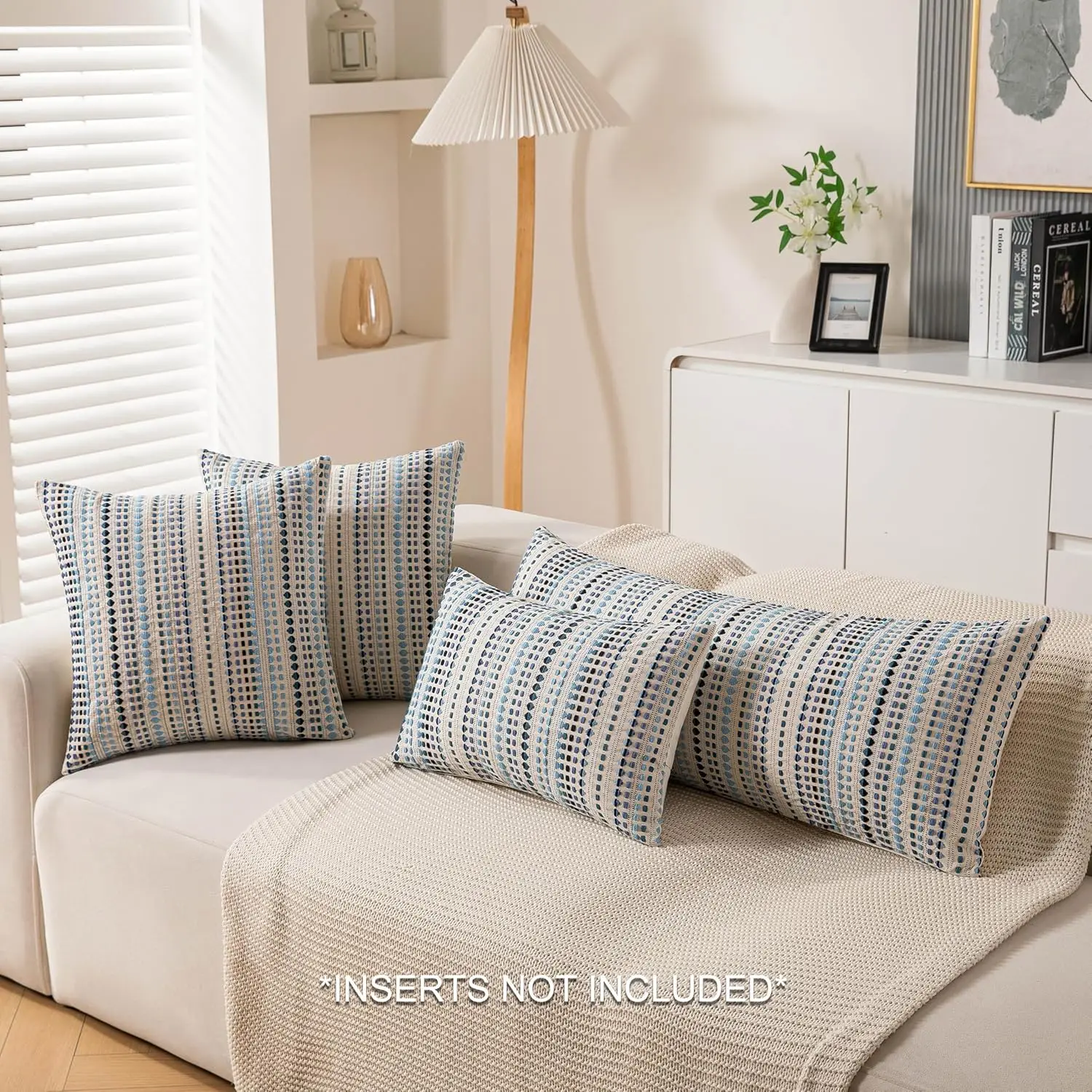 Blue Boho Throw Pillow Covers, Stripe Textured Decorative Couch Pillow Cases for Bed, Sofa, Living Room, Bedroom Cushion Covers