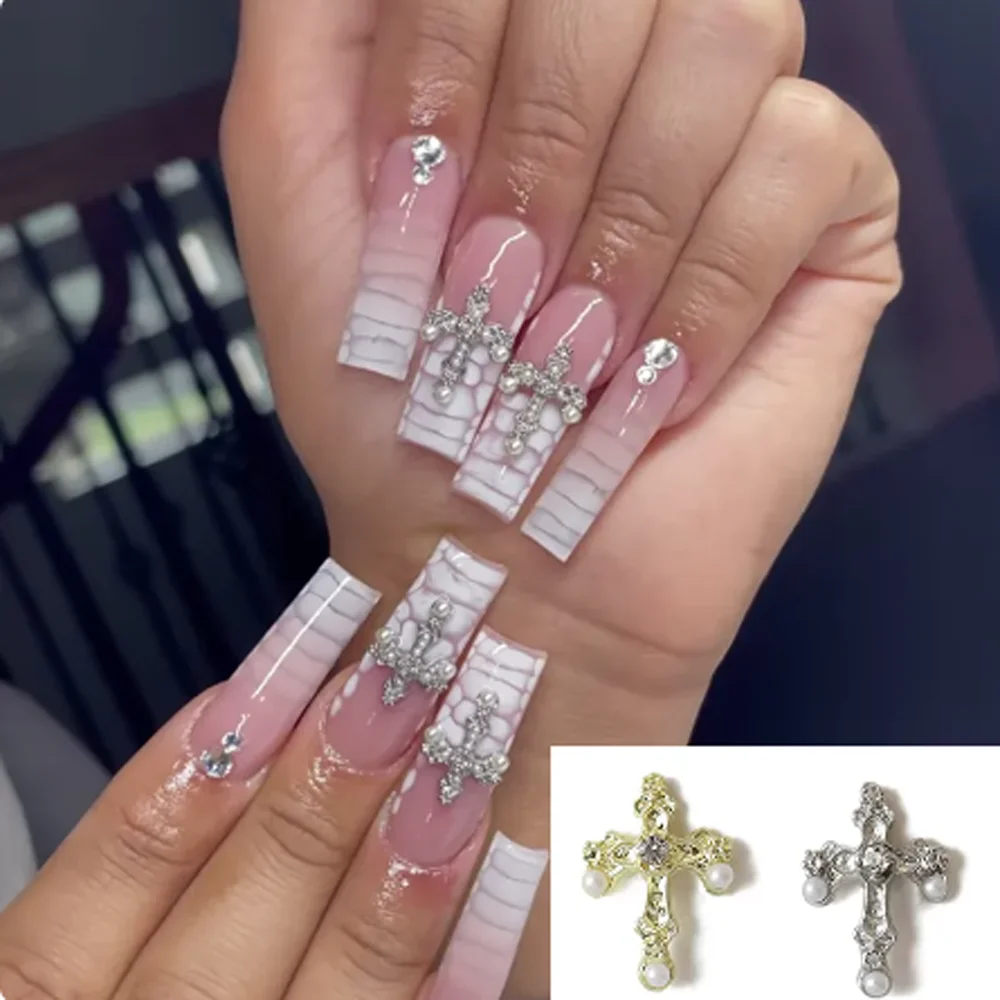 10 Stuks Parel Kruis Nail Art Bedels 3d Legering Retro Punk Glitter Diamant Kruis Nail Art Decoraties Schattige Diy Nail Steentjes