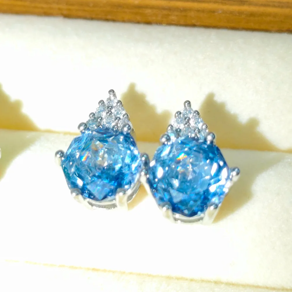 925 Sterling Silver Octagonal Millennium Rose Cut High Carbon Diamond Triangular Edge Paraiba Elegant Jewelry Stud Earrings