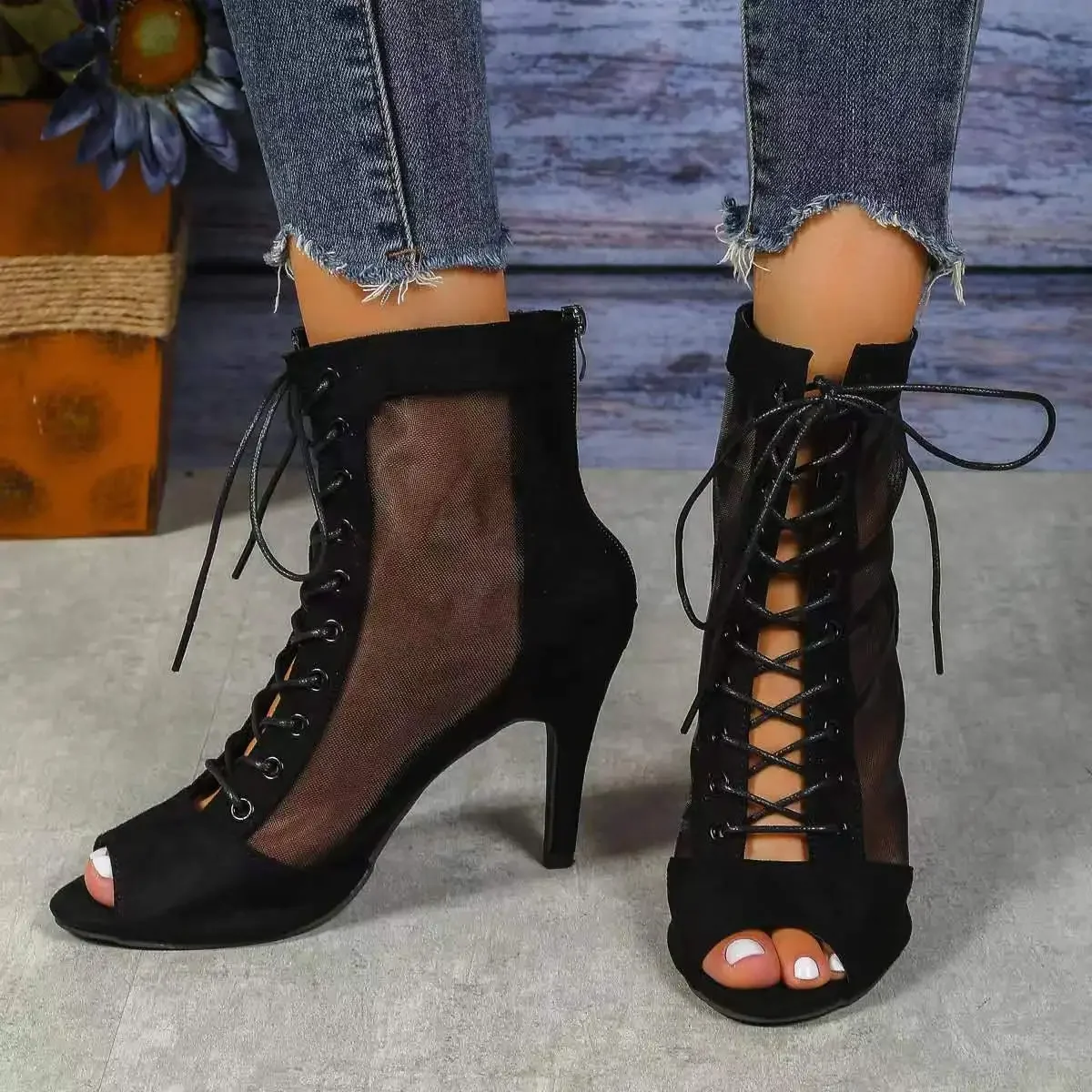 

2023 New Fashion Trend Peep Toe Boot Stilettos Jazz Dance Female Shoes Ballroom Suede Sole Customizable Latin Dancing Booties