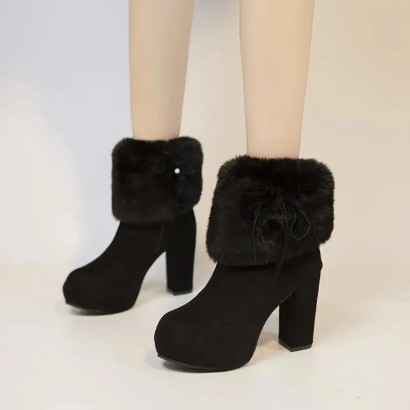 Womens Platform Ankle Boots Faux Fur Warm Winter Block High Heel Snow Thick Sexy Shoes Plus Size 4Colors New 2024