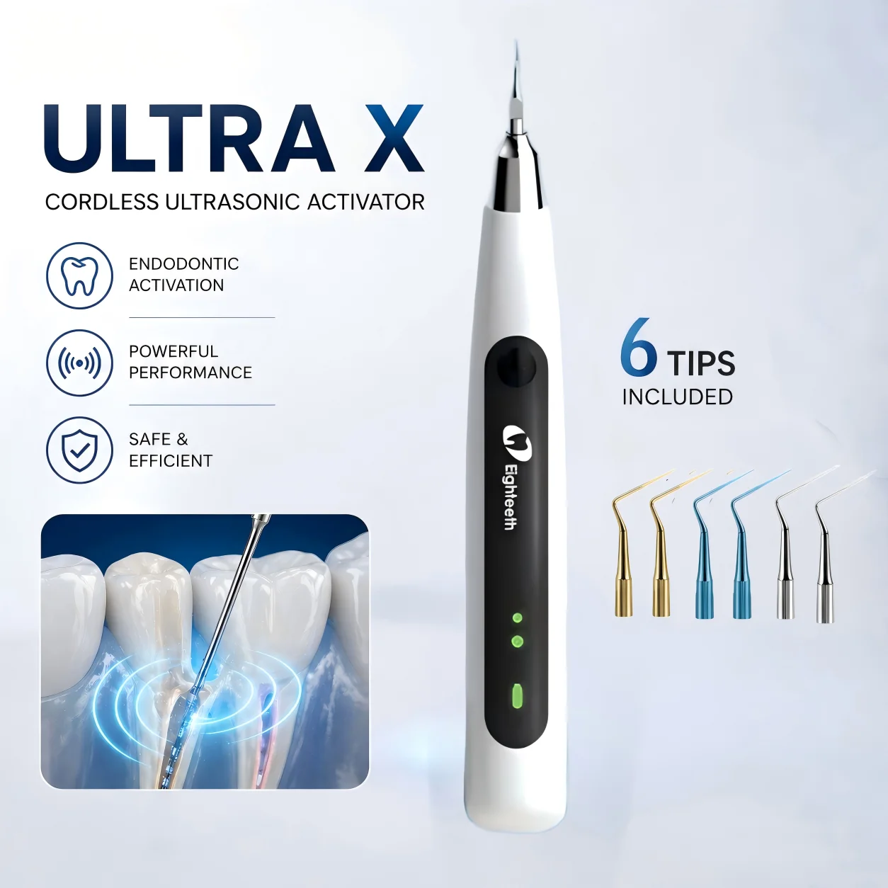 

Ultra X Wireless Ultrasonic Endo Activator, Root Canal Irrigator with 6 CPS Tips, Dental Endodontic Treatment & Cleaning Tool