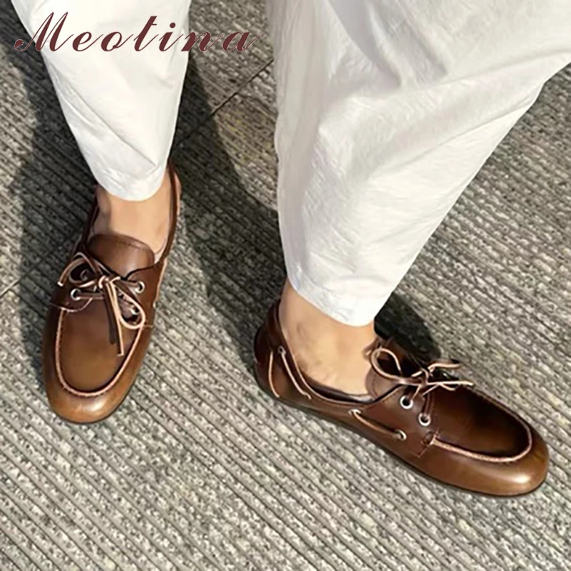 

Meotina/женская обувь на плоской подошве из натуральной кожи с круглым носком на шнуровке, лаконичный дизайн, женская модная повседневная обувь, весна-осень, коричневый, черный 43