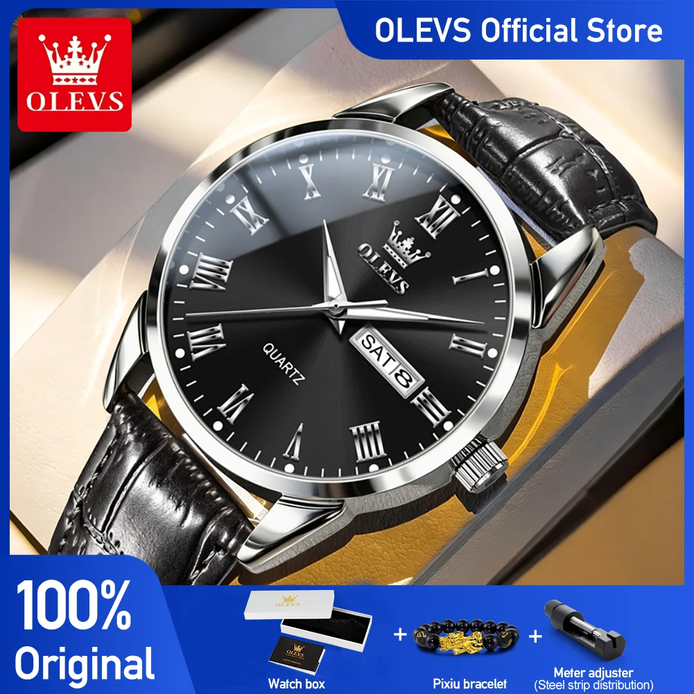 

OLEVS 5892 Men Women Quartz Movement Watch Night Light Function Leather Strap 30m Waterproof Calendar Window Display Watch