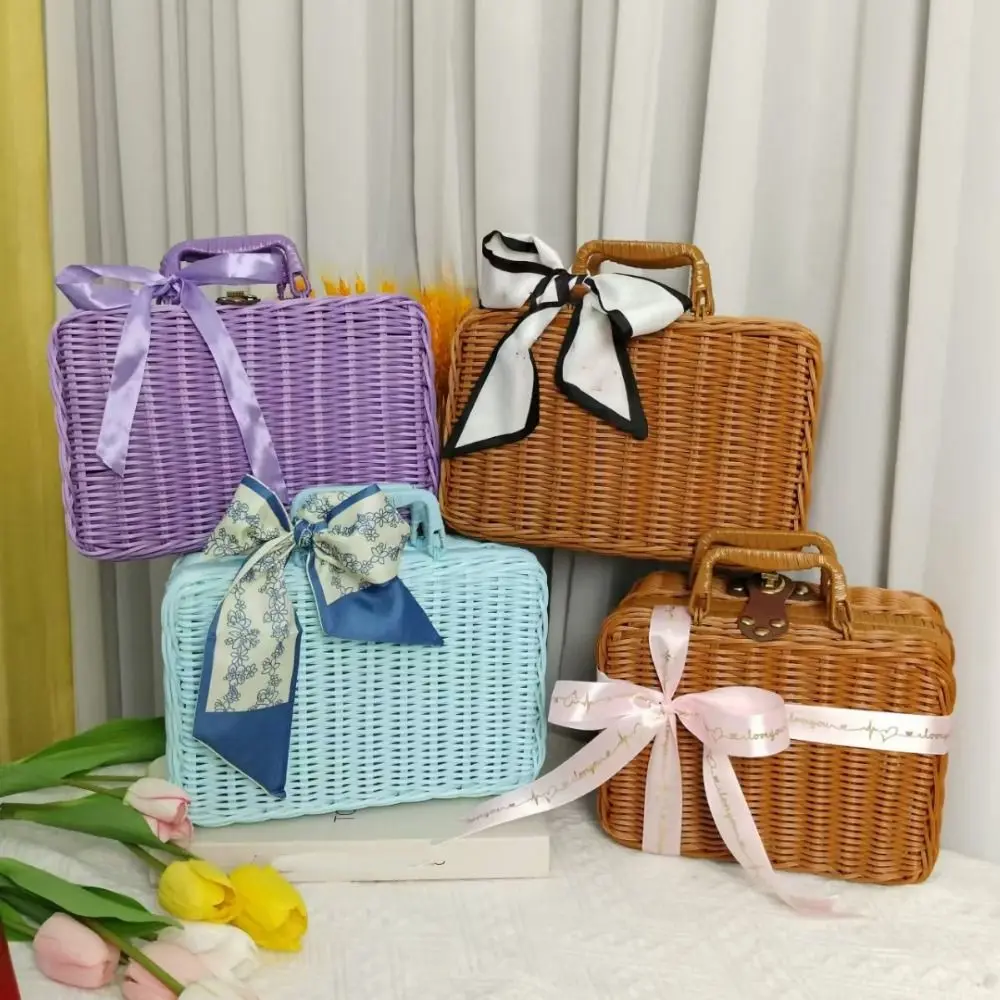 Multifunction Simulation Weave Rattan Storage Box Household with Handle Wedding Suitcase ‘ Retro Picnic Woven Baskets Makeup