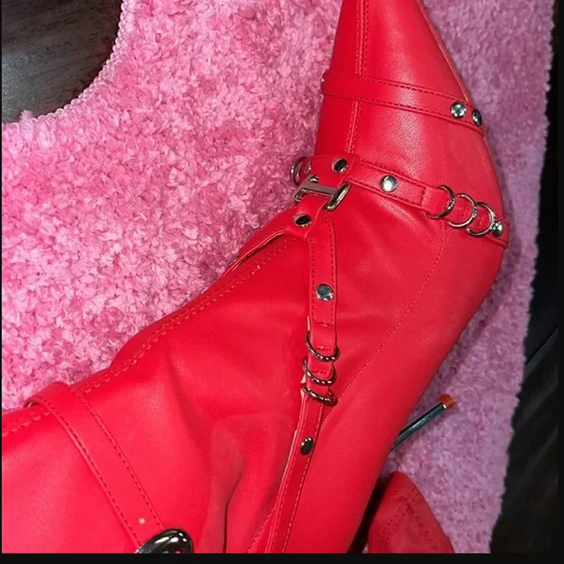 Red Buckle Rivet Mid Calf Boots Thin High Heel Pointed Toe Fashionable Cool Sexy Western Winter Woman Shoes Zapatillas Mujer