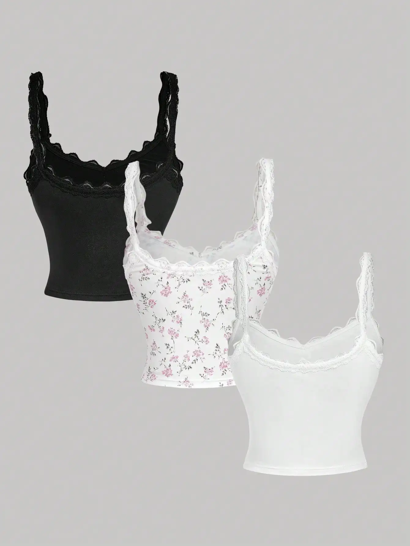 3-Pack Contrast Lace Bow Cami Top Set, Feminine Girly Cute, Holiday Christmas New Year Layering Top for Women