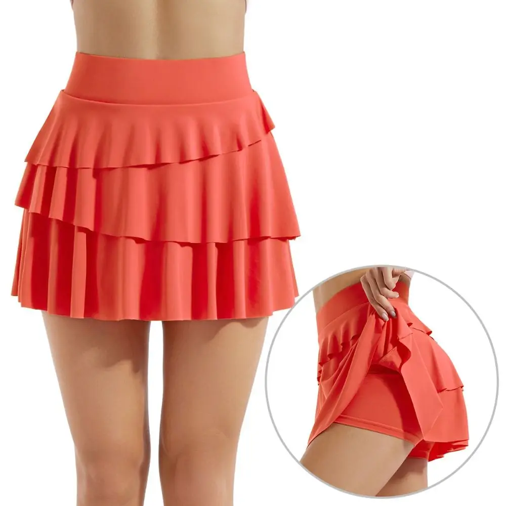 

2 Pockets Women's Pleated Tennis Skirts Tummy Control with Shorts Layered Skirts Ruffle Quick Drying Golf Athletic Skirt Female