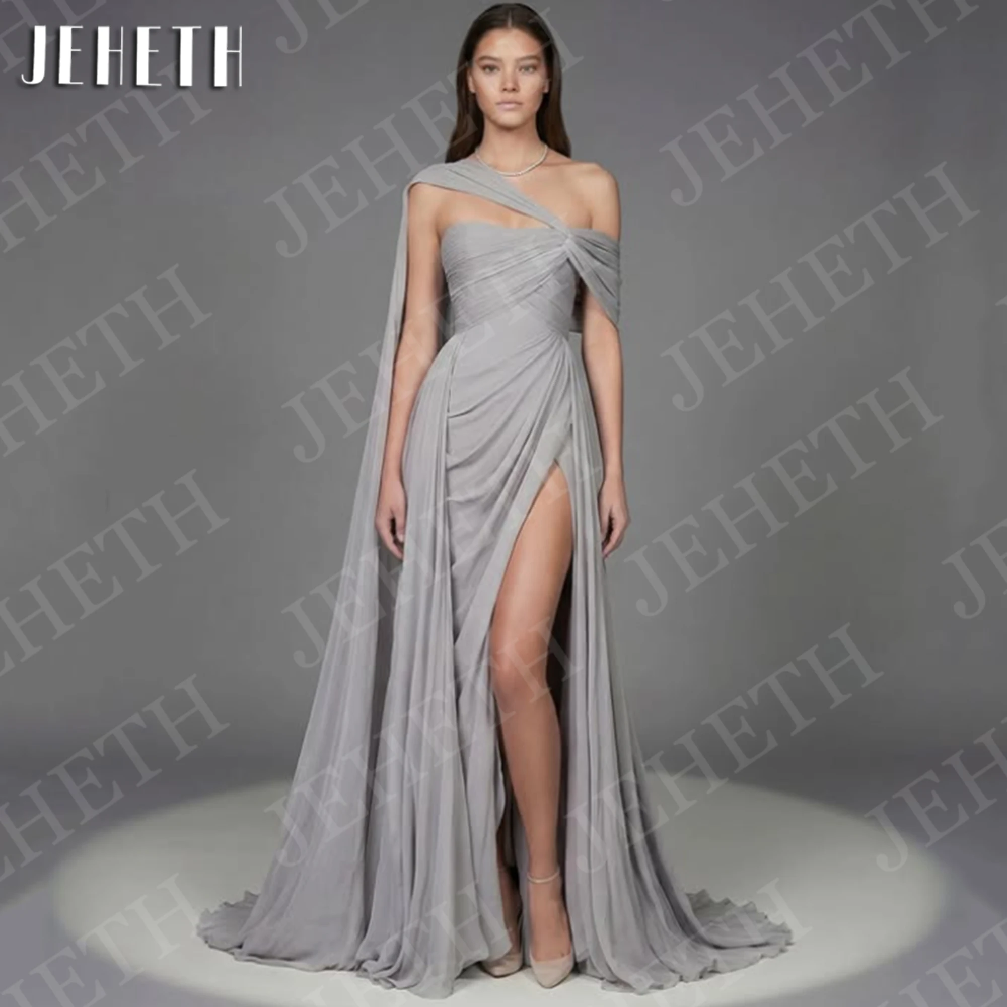 JEHETH One Shoulder Evening Dresses Side Split 2026 Elegant Mermaid Chiffon Pleated Prom Dress Grey Customized فساتين سهره نسائي