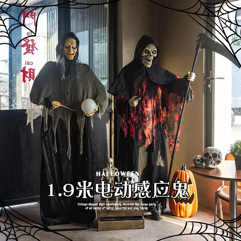 Halloween decorative pumpkin lanterns, skeletons, electric ghost ornaments, luminous and funny holiday atmosphere, shopping mall