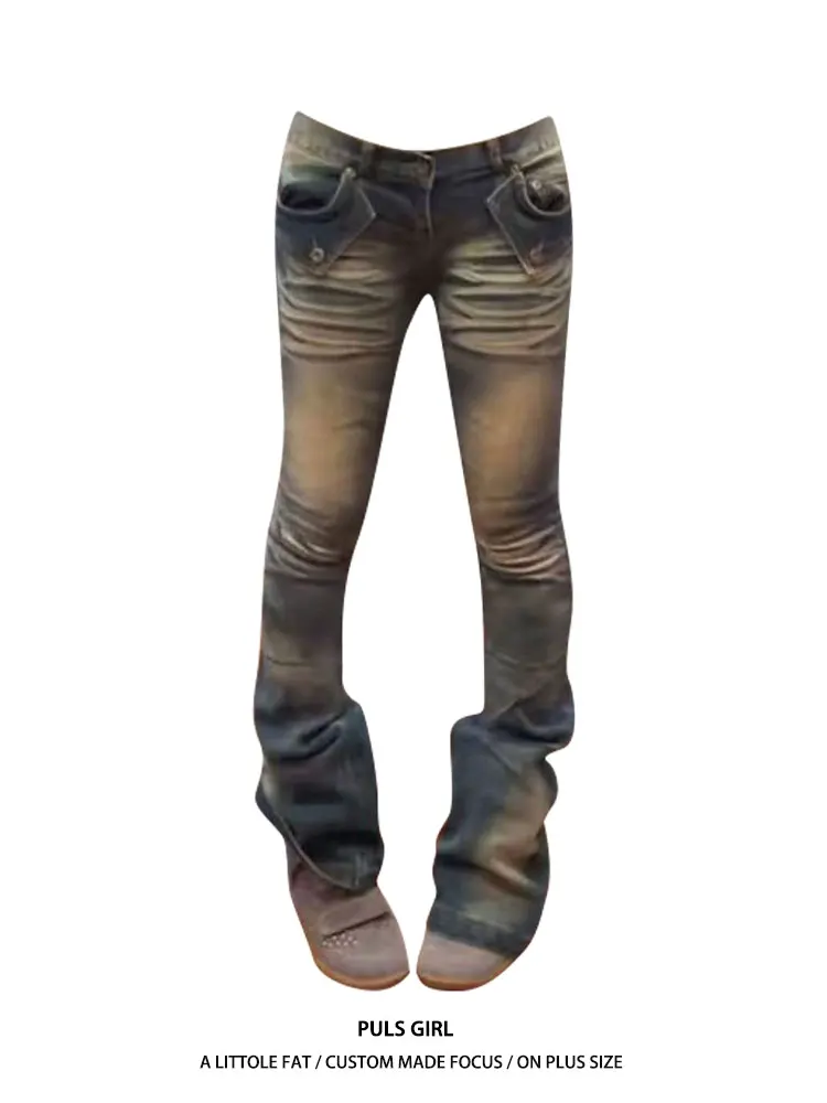 

Low Waist Bell Bottom Denim Jeans Women's Retro American Style Hot Girl High Street Design Slim Fit Long Pants plus Size