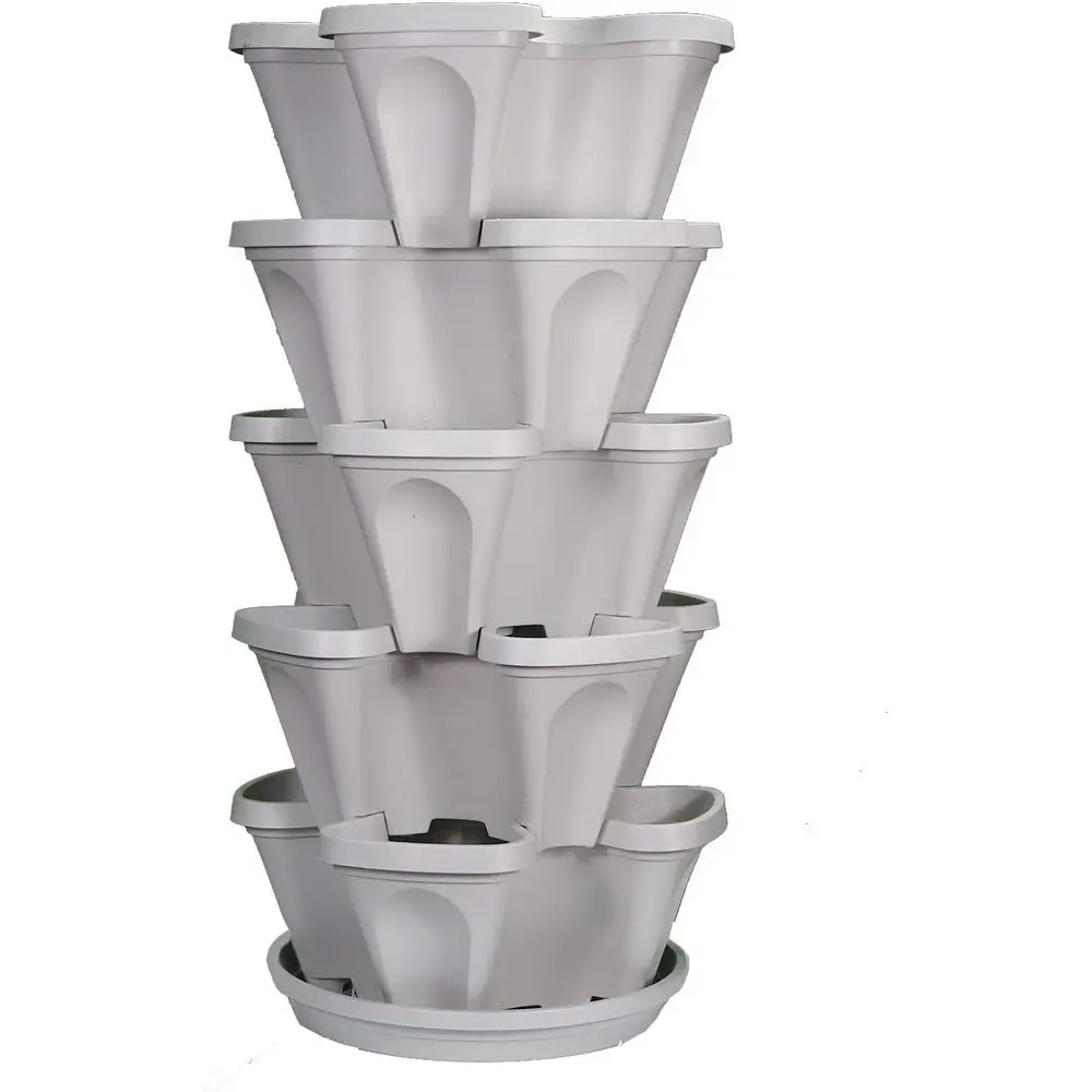 

5-Tier 13 Wide Stone-Colored Stackable Planter with 10 Saucer for Strawberry and Herb Gardens