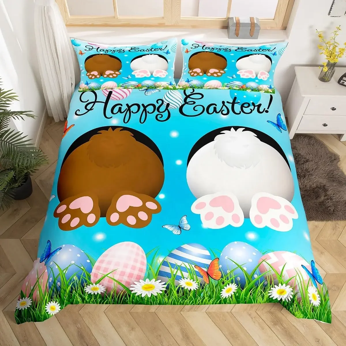 

Cartoon Rabbit Duvet Cover 2/3 Pcs Easter Eggs Bedding Set,Spring Botanical Daisy Flowers Comforter Cover Twin Queen King Size
