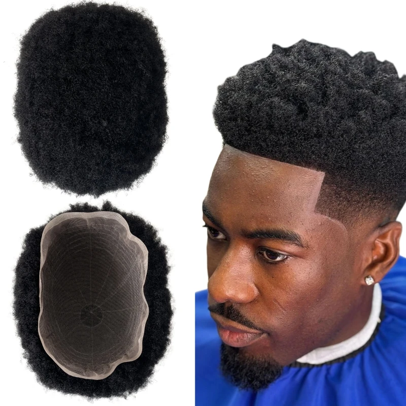 

4mm Afro Wave Curly Men Toupee For Black Men Human Hair Replacement System African American Full Lace Hair Toupee 8X10