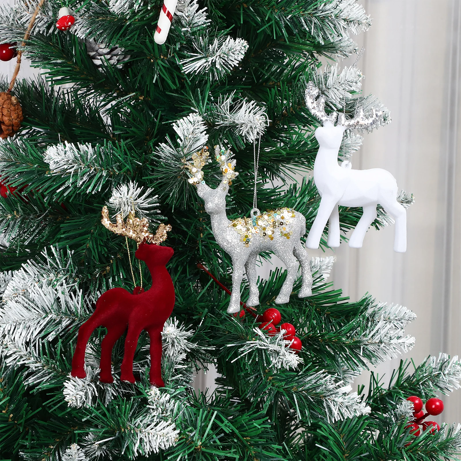

3pcs Flocked Deer naments Figurine Tiny Statues PVC Miniatures Red White Silver Colors Christmas Decor Living Room Bedroom