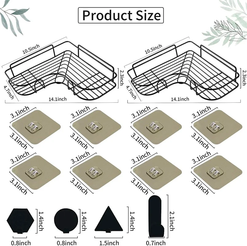 2 Rust-proof Corner Shower Racks, Wall-mounted Soap Dish With 8 Bathroom Basket Hooks, No Drill Rack