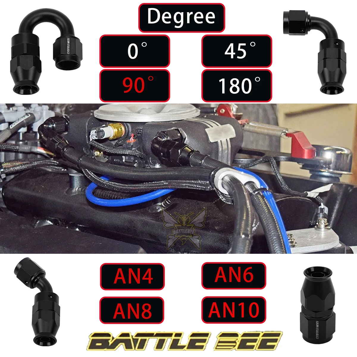 

BATTLE BEE Straight 0 45 90 180 Degree PTEF Reusable Swivel PTFE Hose End Fitting Adapter AN4 6 8 10 aluminum black