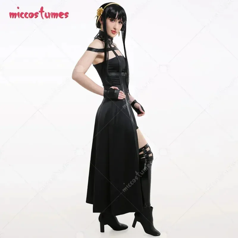 25COSMiccostumes Disfraz de Yor para mujer, vestido gótico halter negro con medias, accesorios para la cabeza, pendientes