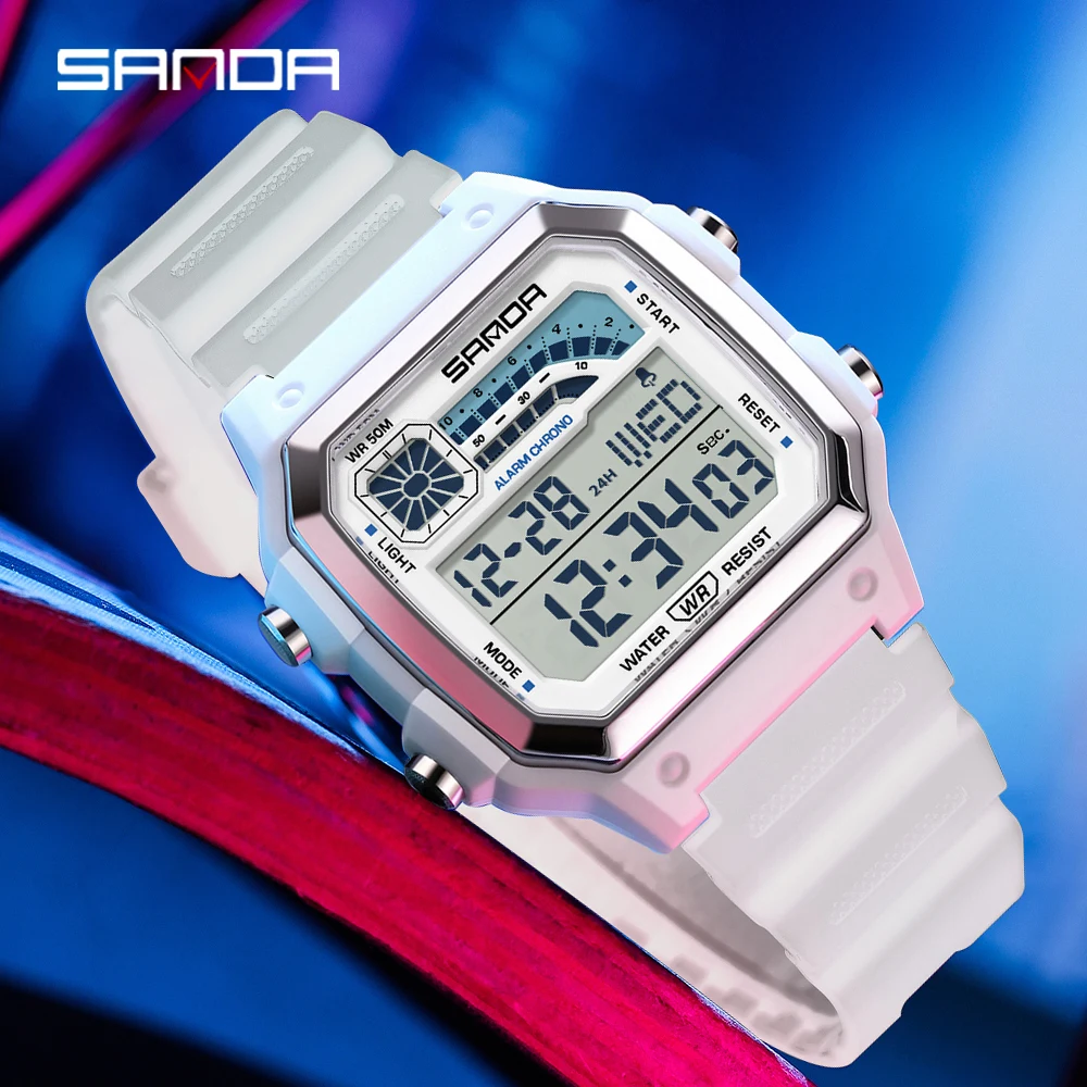 

SANDA 6196 Роскошные мужские электронные часы с многофункциональным светящимся циферблатом и календарем, водонепроницаемые модные мужские цифровые часы