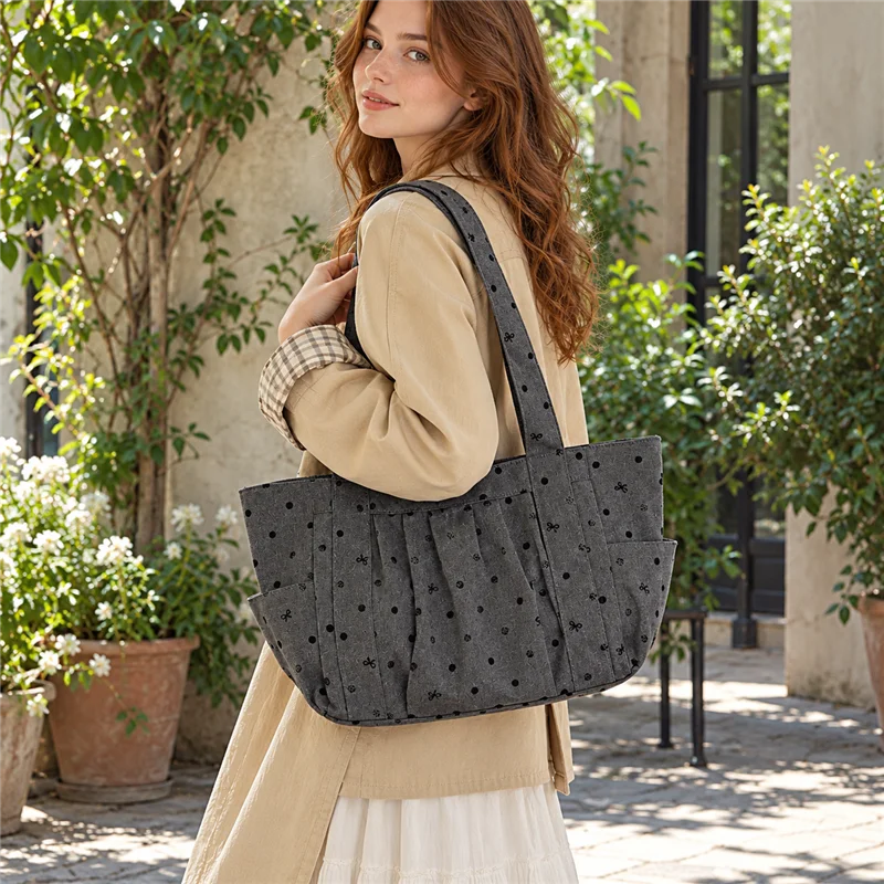 Korean retro polka dot bow tote bag women's large-capacity versatile shoulder handbag class commuter bag
