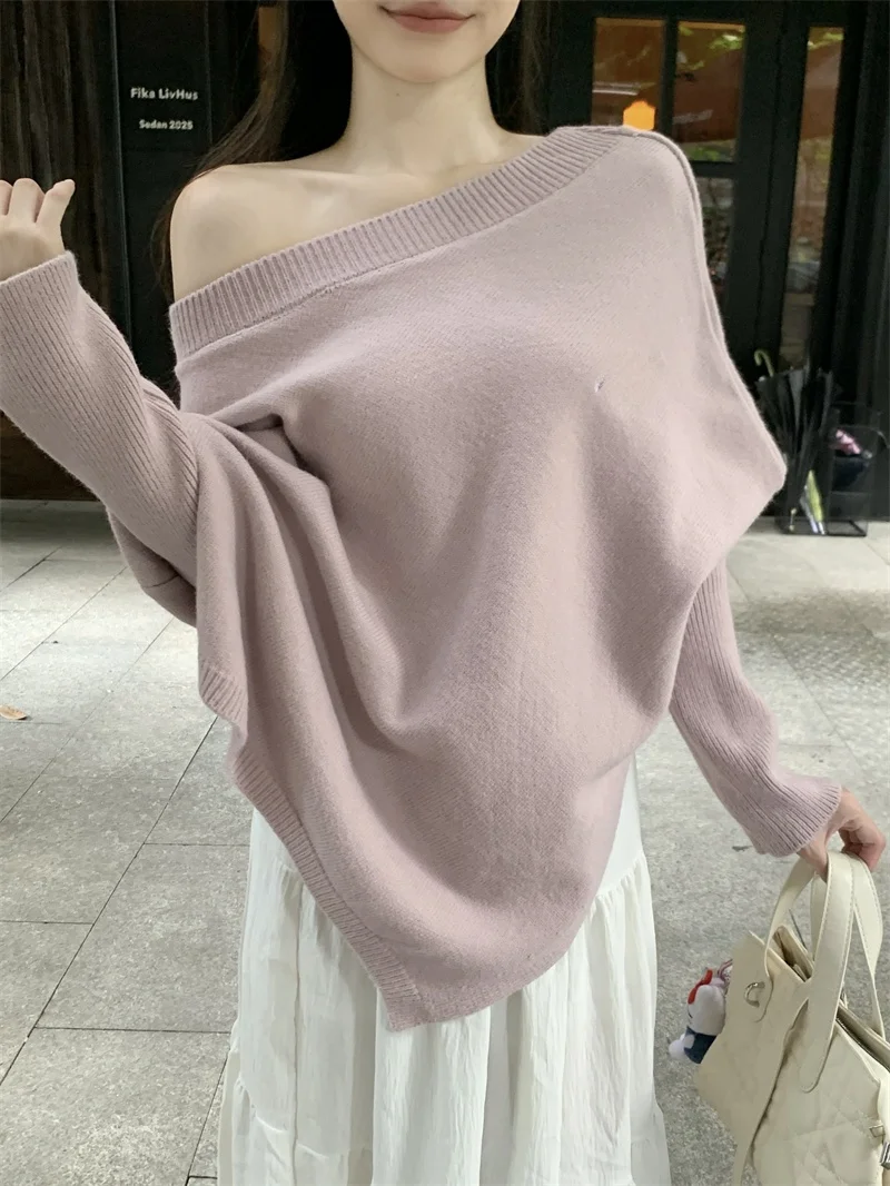 

Korean Sle Asymmetric oulder Long Sve Women's Sweater Loose Lazy Design Autumn Winter Knitted Top Casual Faion