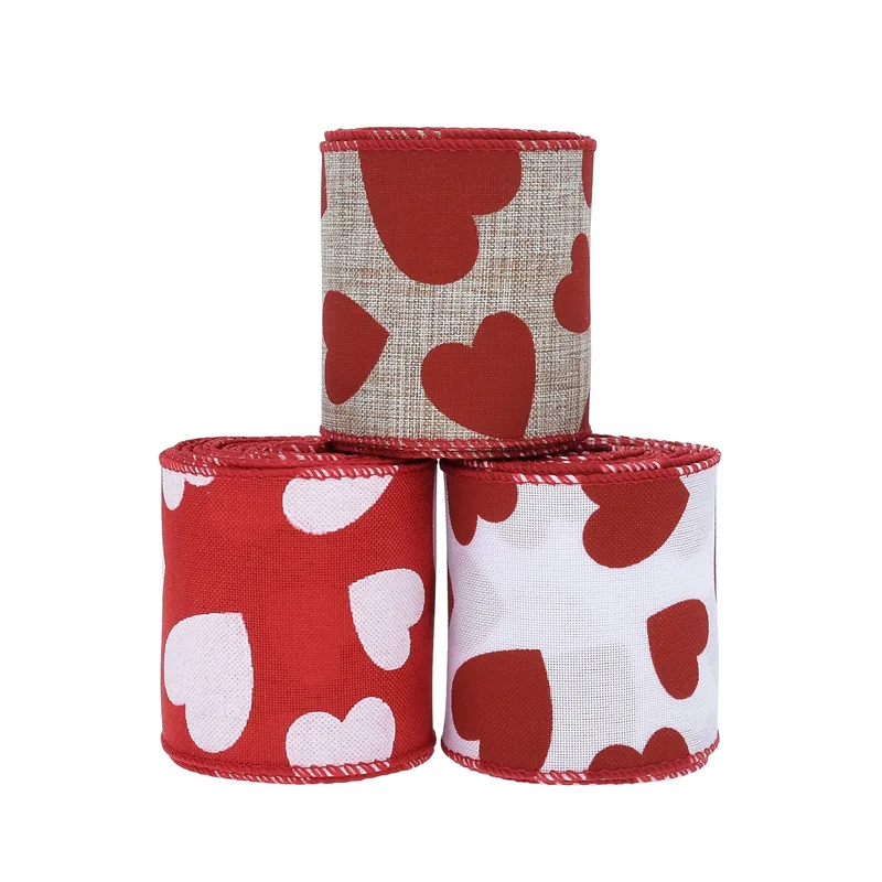 1 rollo de 2,5 pulgadas X 5 yardas/rollo de cinta decorativa con estampado de corazón y amor para el Día de San Valentín, borde de alambre de arpillera de imitación, decoración de fiesta