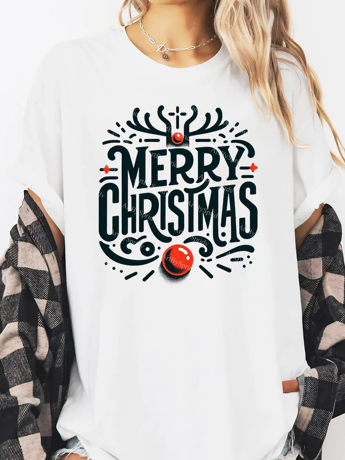 Vrolijk kerstfeest rendieren ornament print vakantie T-shirt dames vrijetijdskleding feestoutfit wit plus-size