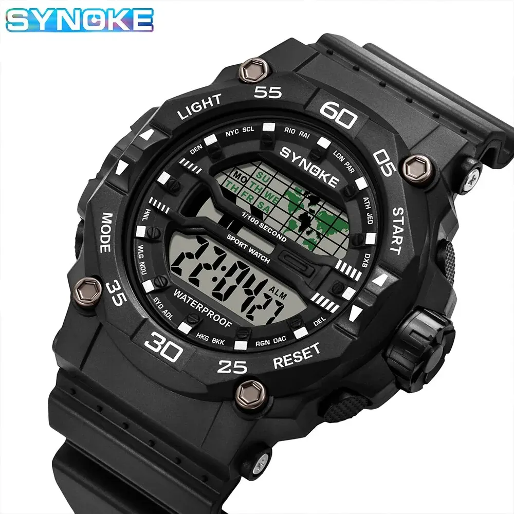 SYNOKE New Men Mountaineering Digital Watch Waterproof Shock Resist Large Screen Outdoor Running Student Fashion Watch Handsome