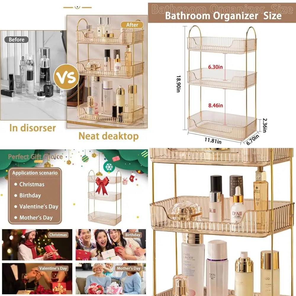 

3-Tier Gold Vanity Organizer: Compact Storage for Makeup, Skincare, and Fragrances