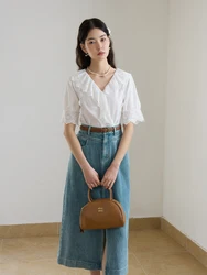 DUSHU Office Lady French Loose White Short Sleeved Shirt Summer 2024 New Sweet Casual Versatile White Casual Shirt 24DS82459