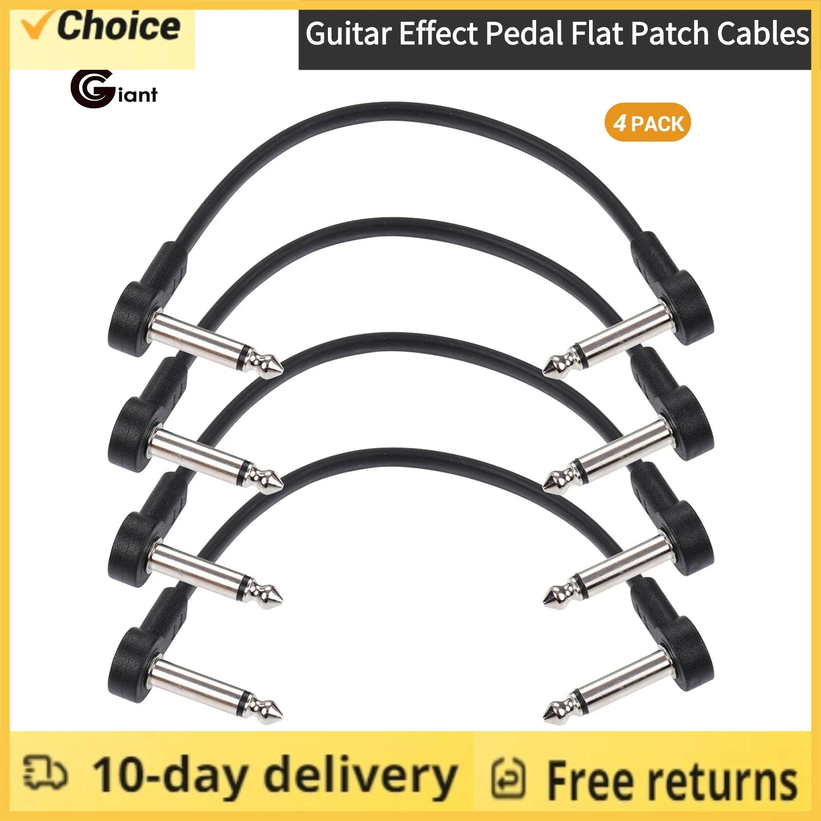 4 Packs Ggiant AC-8 Guitar Effect Pedal Flat Patch Cables 6 Inch Length with 1/4 Inch Right Angle Connectors Patch Cable Kit