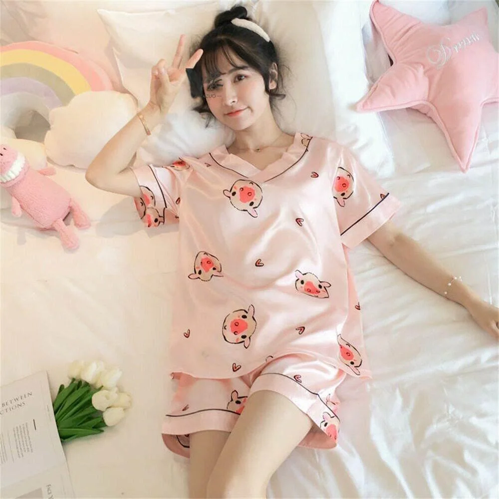 Summer Ice Silk Sleepwear Women's Loose Thin Short Sleeve Shorts V-neck Home Clothes Cool Feeling Large Size Casual Style
